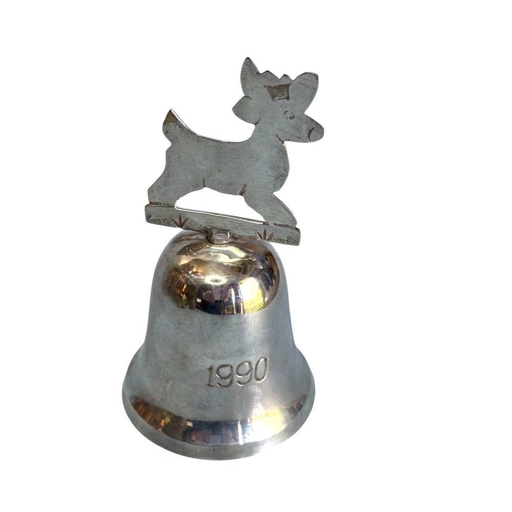 International  Silver Reindeer Bell Christmas Ornament 1990 4 1/2" X 2 1/2"